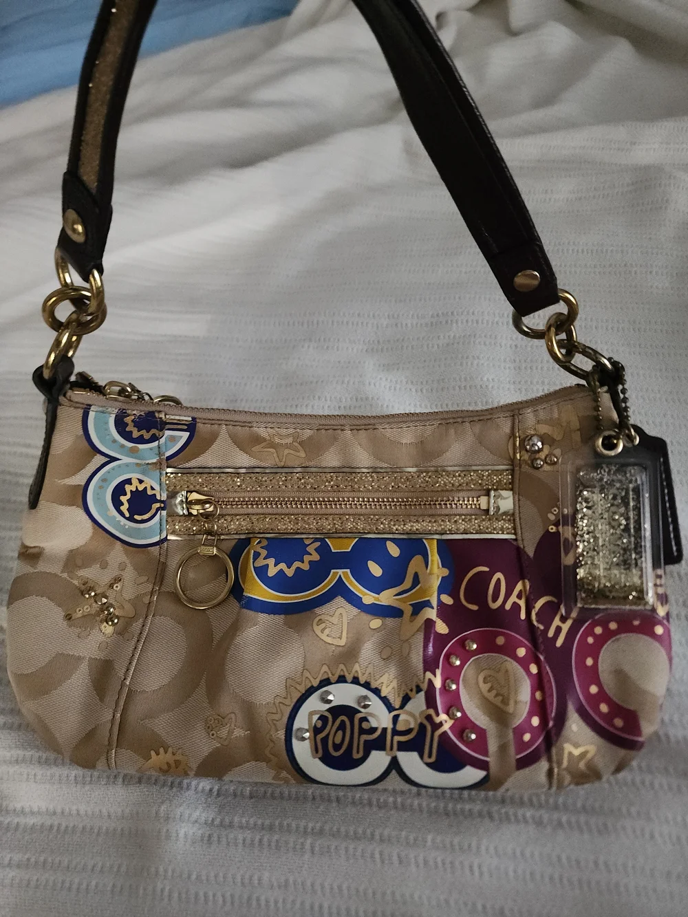 COACH Poppy Signature Beige Graphic Wristlet - Picture 7 of 8